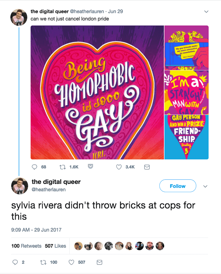 Tweet showing an example poster, responding "Sylvia Rivera didn't throw bricks at cops for this."